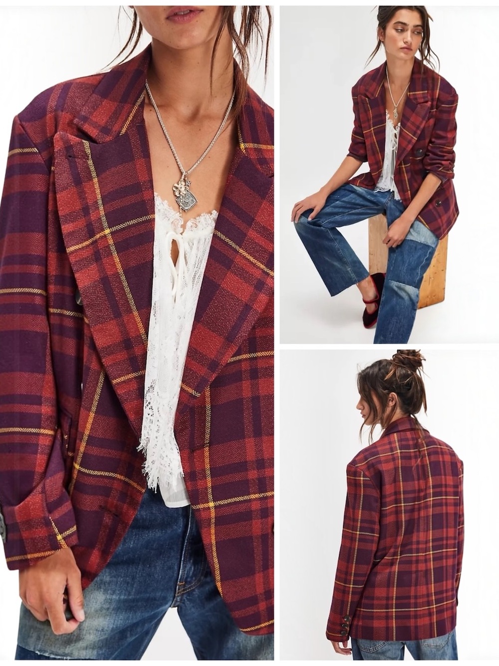 Free People Blazer Double Breasted Burgundy Plaid Jacket Oversized Relaxed Fit S